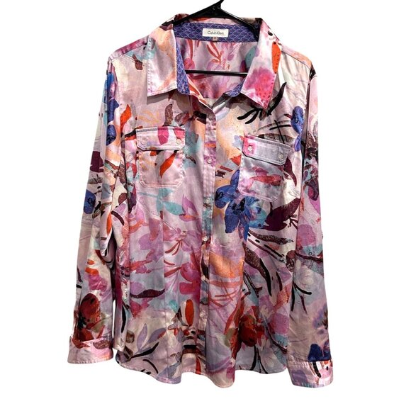 Calvin Klein Womens Floral Button-Up Blouse Watercolor Long Sleeve Sz 2X - Picture 1 of 9